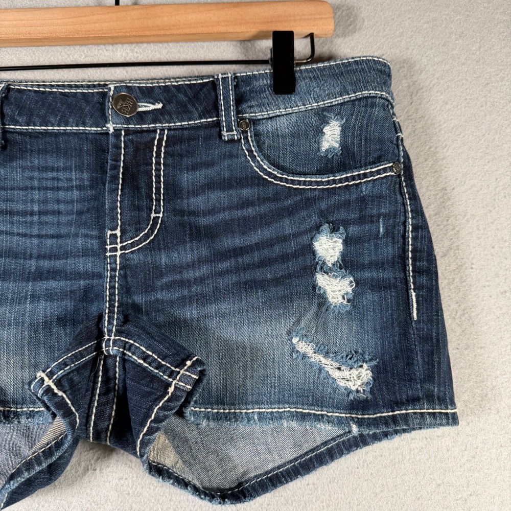 BKE Women’s Distressed Dark Blue Denim Jean Shorts - Picture 4 of 16
